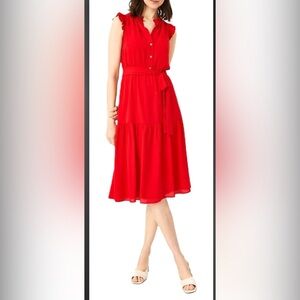Ann Taylor Tomato Red Buttoned Tie Front Sundress with Ruffles and Tie Waist